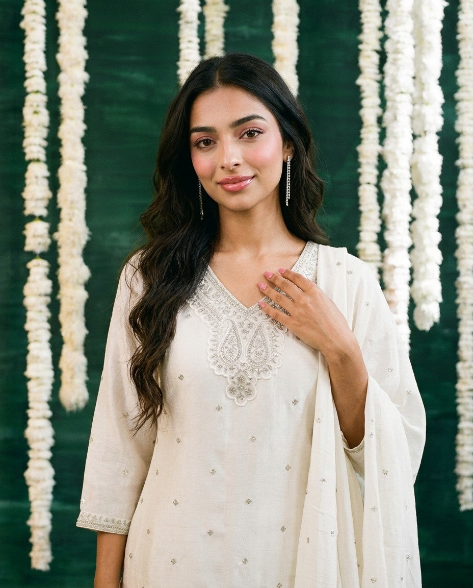 White Embriodered Silk Blended Kurta Bottom Dupatta Set