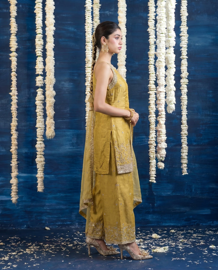 Yellow Embriodered Silk Blended Spaghetti Strap Kurta Bottom Dupatta Set