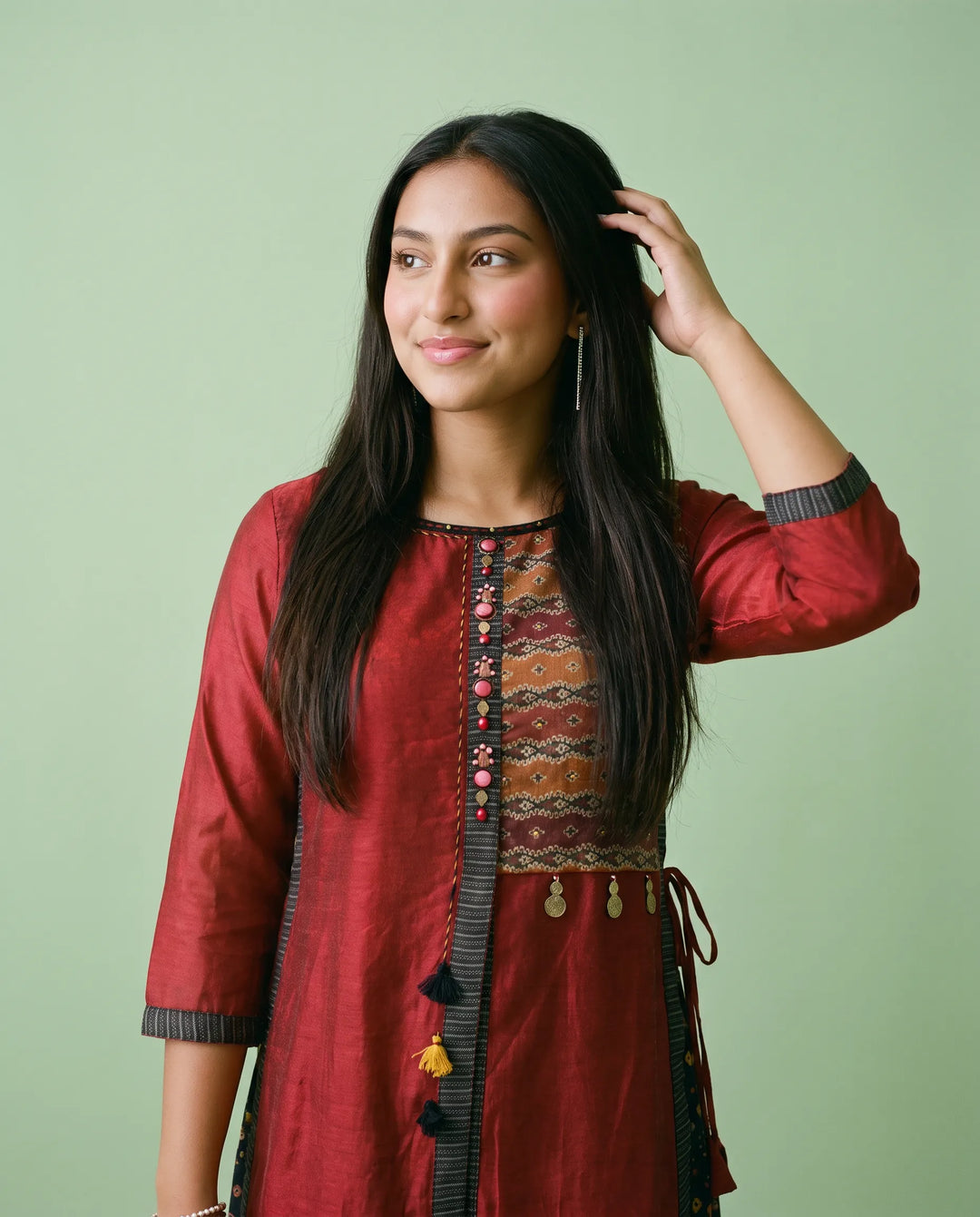 Maroon Printed Silk Blended Maxi Dress