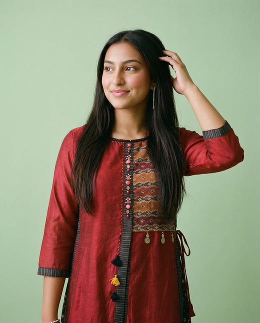 Maroon Printed Silk Blended Maxi Dress
