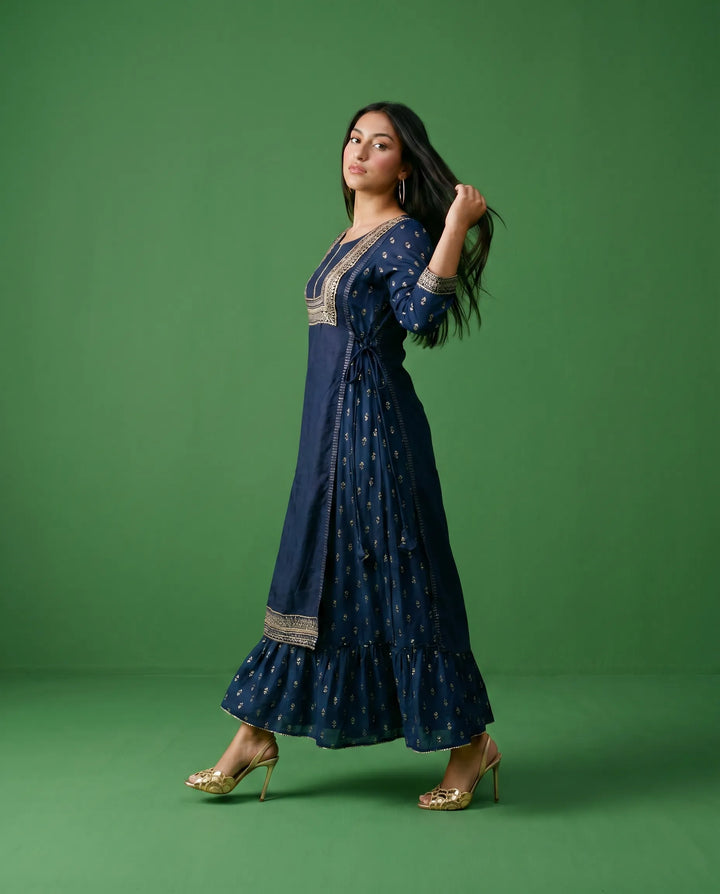 Navy Printed Viscose Blended Maxi Dress