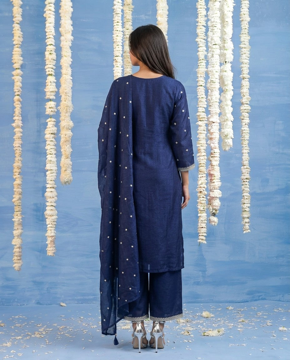Navy Embriodered Silk Blended Kurta Bottom Dupatta Set