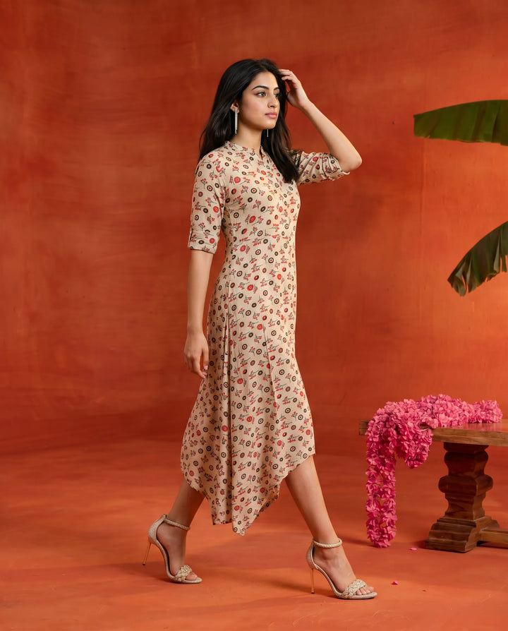 Orange Printed Rayon Maxi Dress