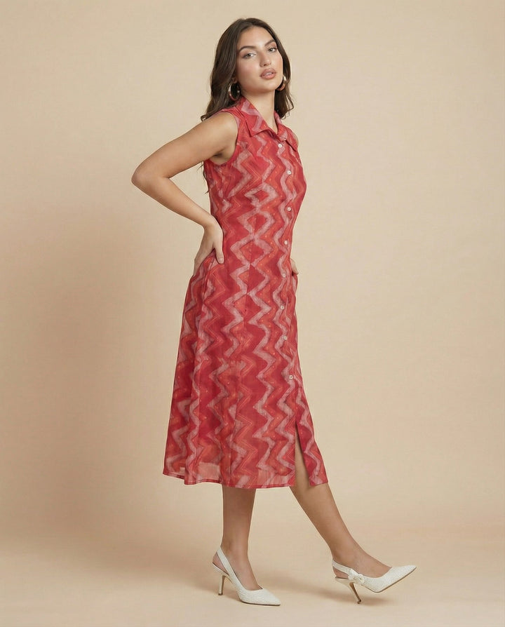 Red Printed Viscose Blended Midi Dress