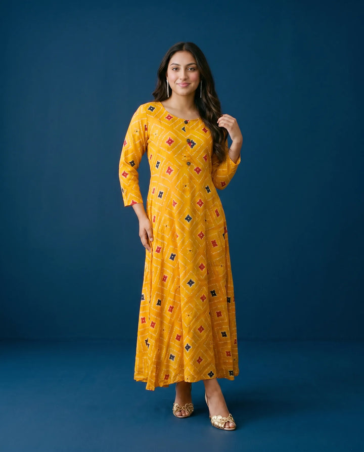 Mustard Printed Rayon Maxi Dress