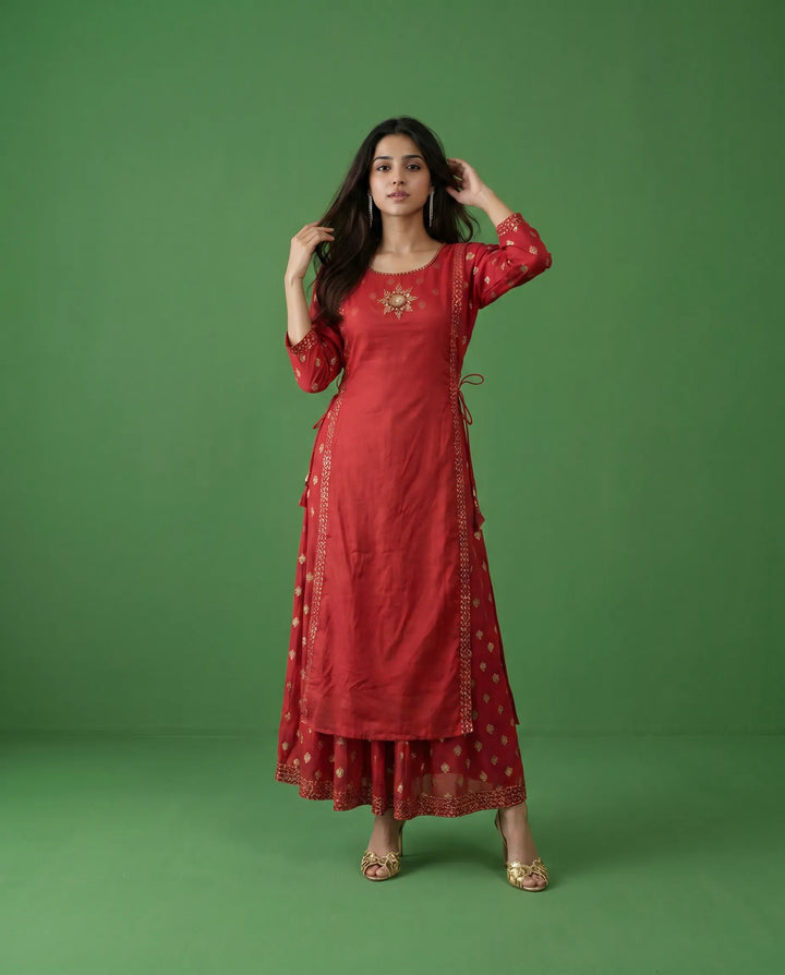 Red Printed Viscose Blended Maxi Dress