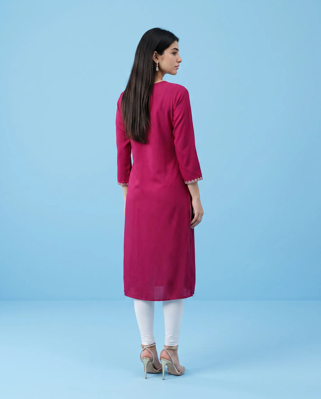 Pink Embroidered Rayon Straight cut Long Kurta