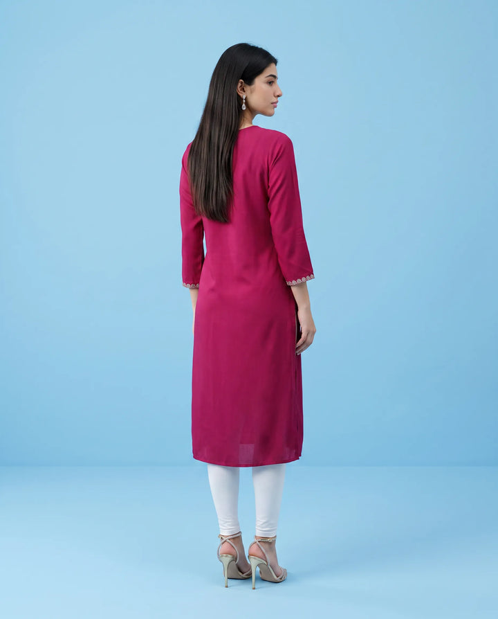Pink Embroidered Rayon Straight cut Long Kurta