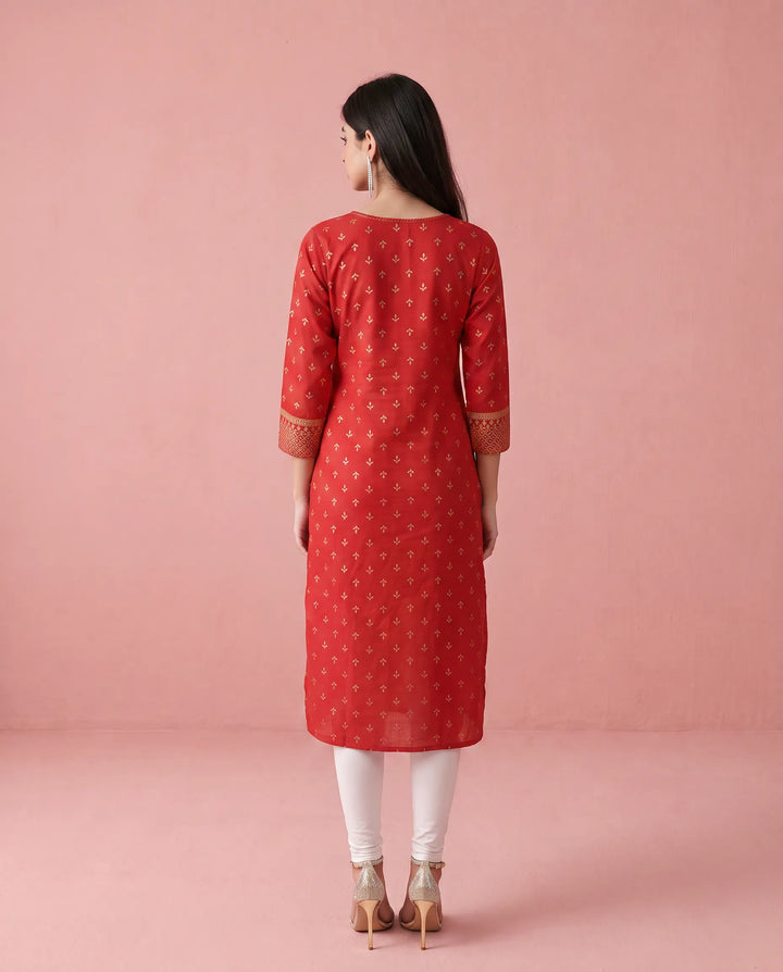 Red Printed Cotton Straight cut Long Kurta