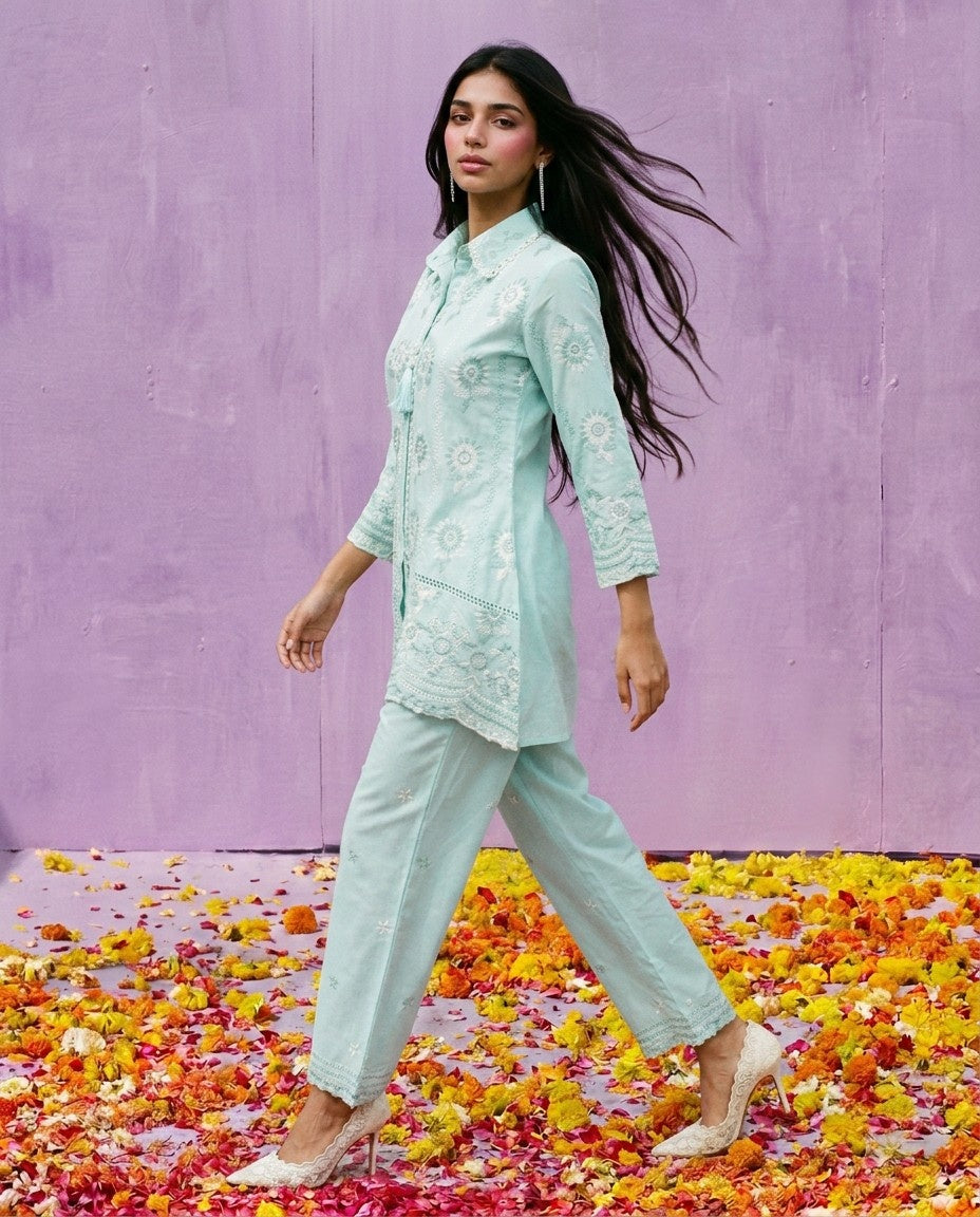 Sea Green Embroidered Cotton Satin Co-Ord Set