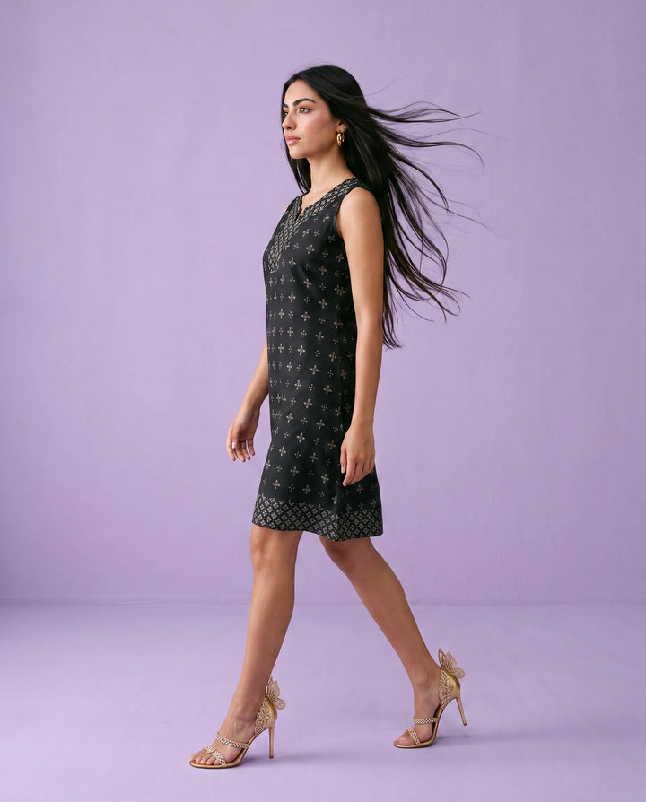 Black Printed Cotton Midi Dress