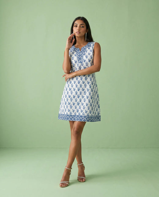 Blue Printed Pure Cotton Hand-Block Printed Midi Dress