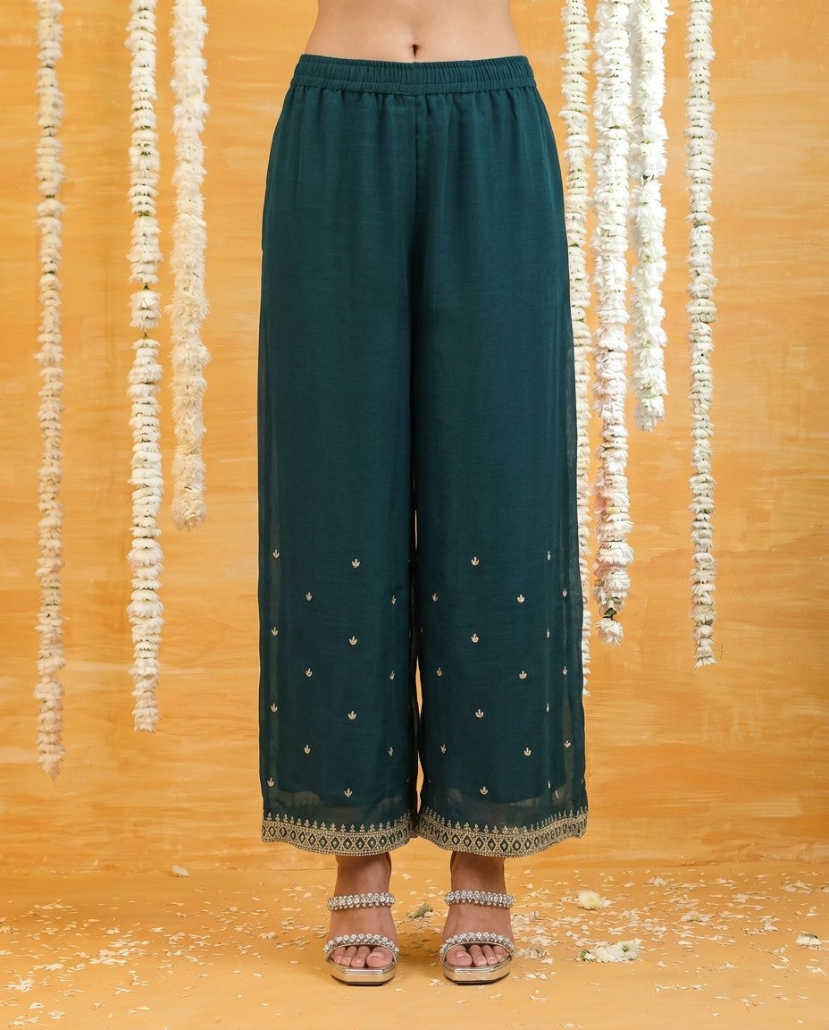 Bottle Green Embriodered Silk Blended Sleeveless Kurta Bottom Dupatta Set