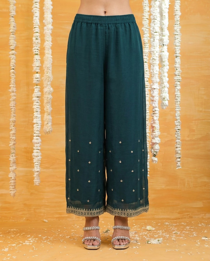 Bottle Green Embriodered Silk Blended Sleeveless Kurta Bottom Dupatta Set