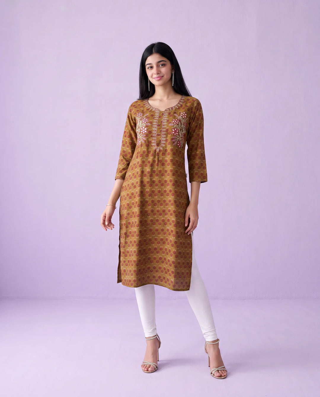 Brown Embroidered Viscose Blended Straight cut Long Kurta