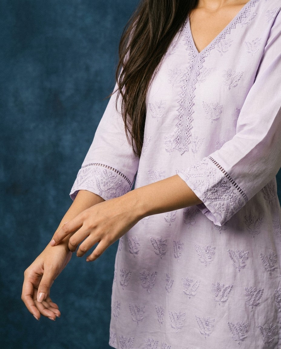 Lavender Embriodered Cotton Short Kurti