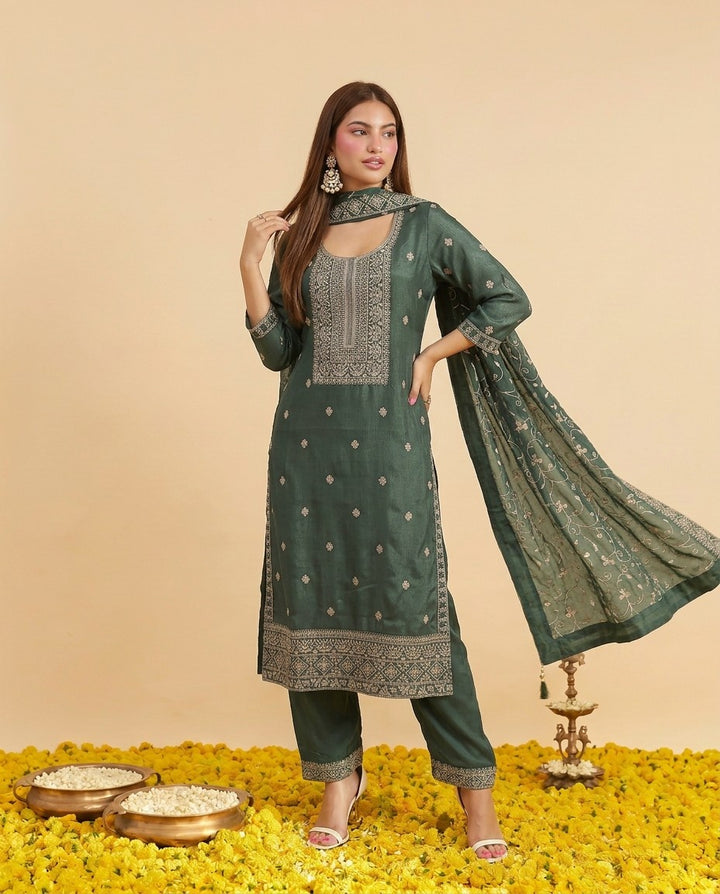 Pista Embriodered Silk Blended Kurta Bottom Dupatta Set