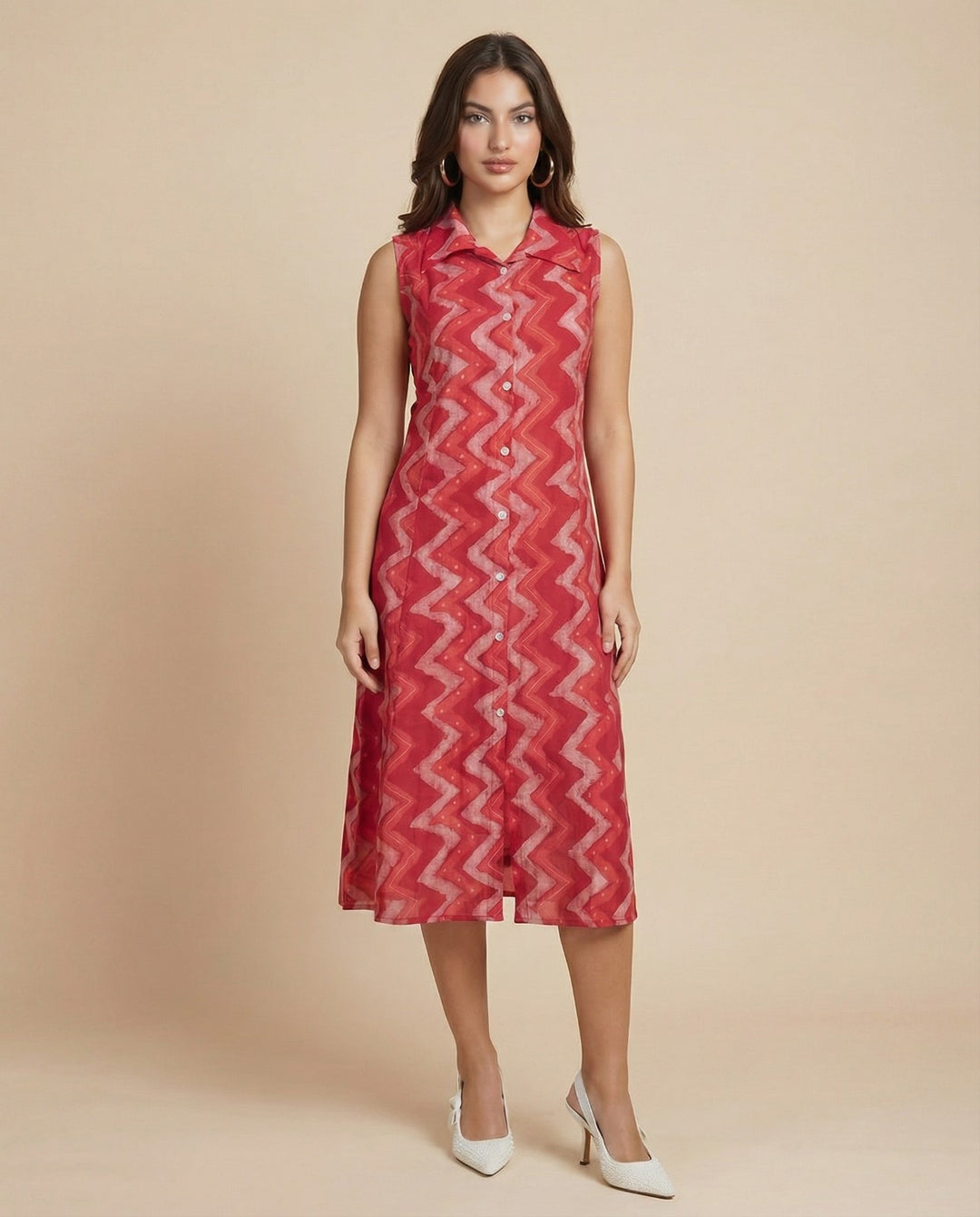 Red Printed Viscose Blended Midi Dress