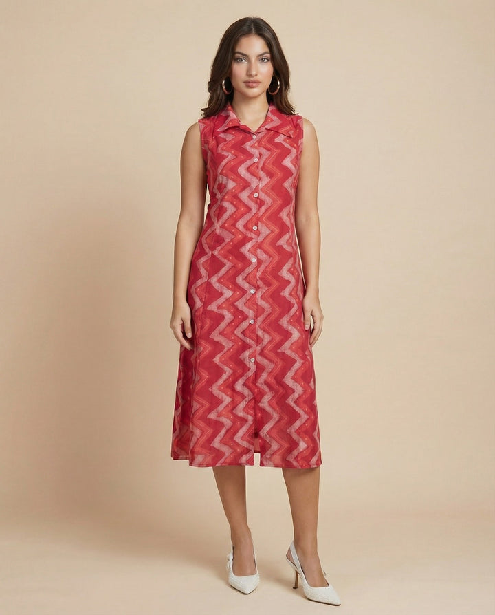 Red Printed Viscose Blended Midi Dress