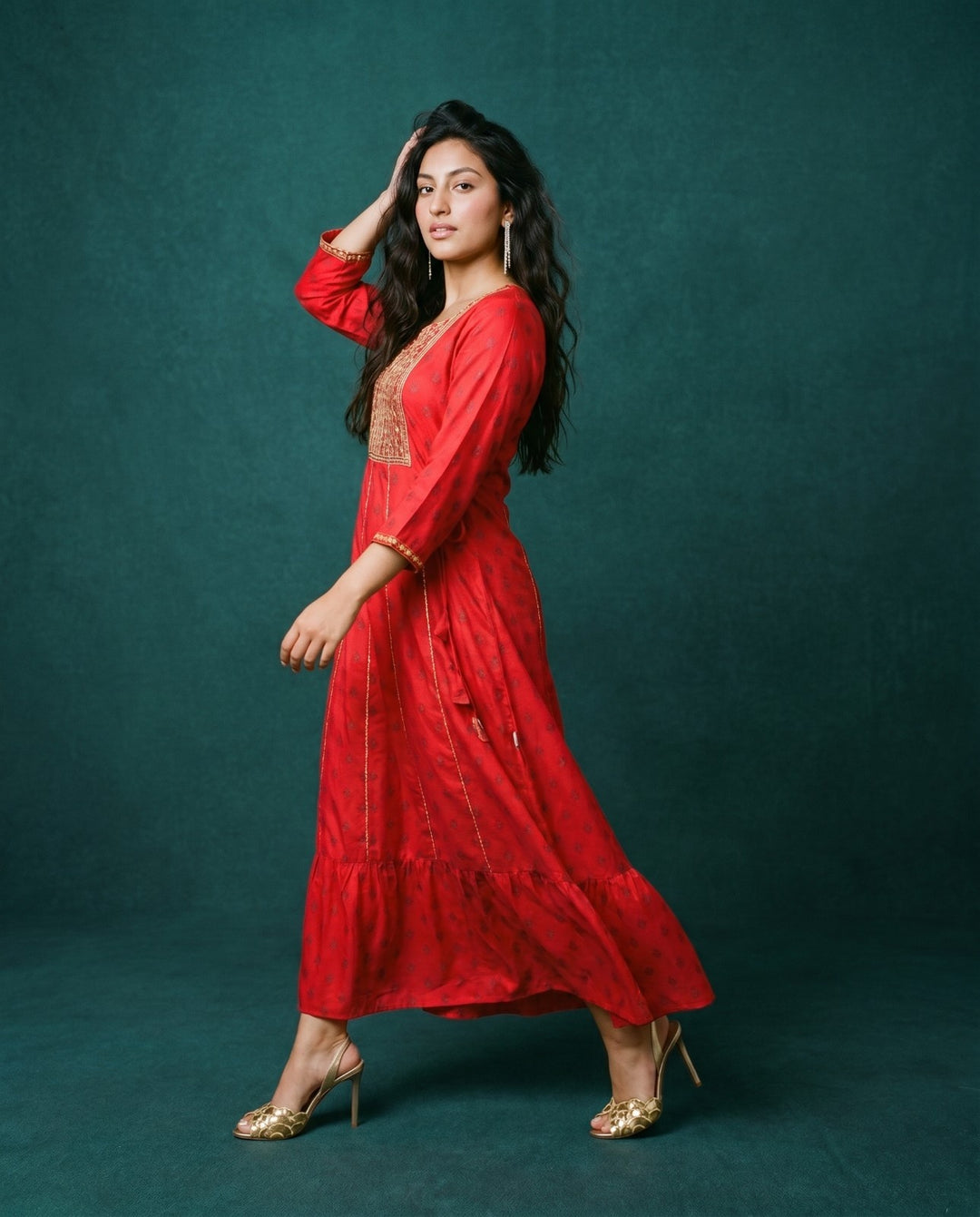 Red Embriodered Rayon Maxi Dress