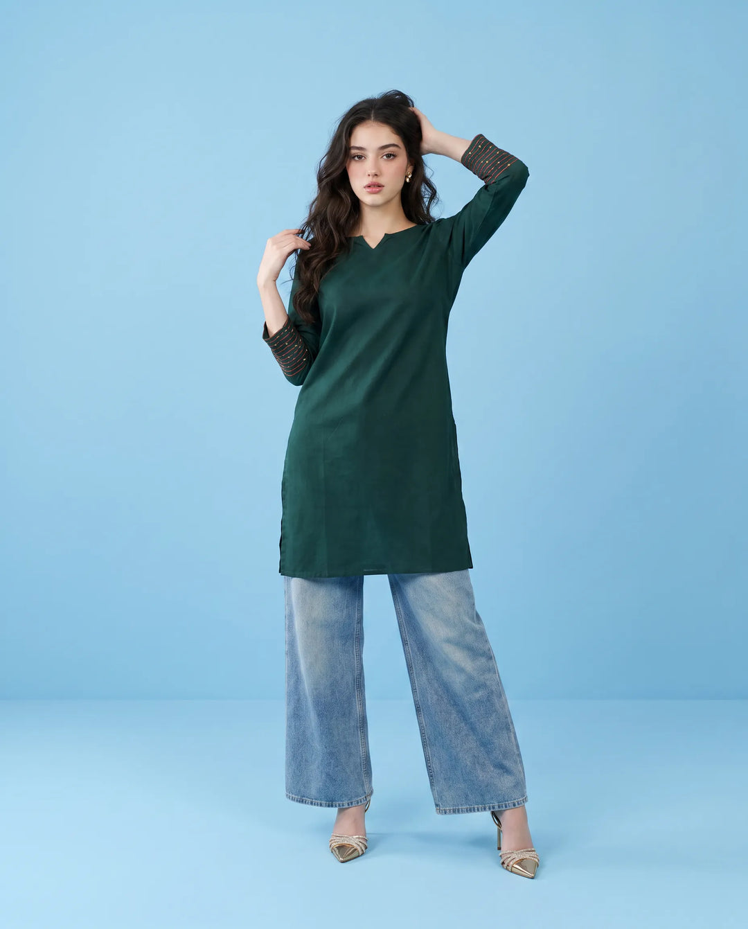 Green Embroidered Cotton Short Kurti