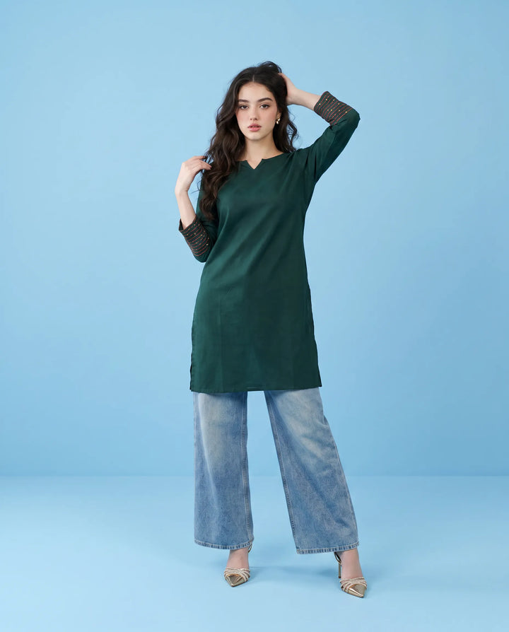 Green Embroidered Cotton Short Kurti