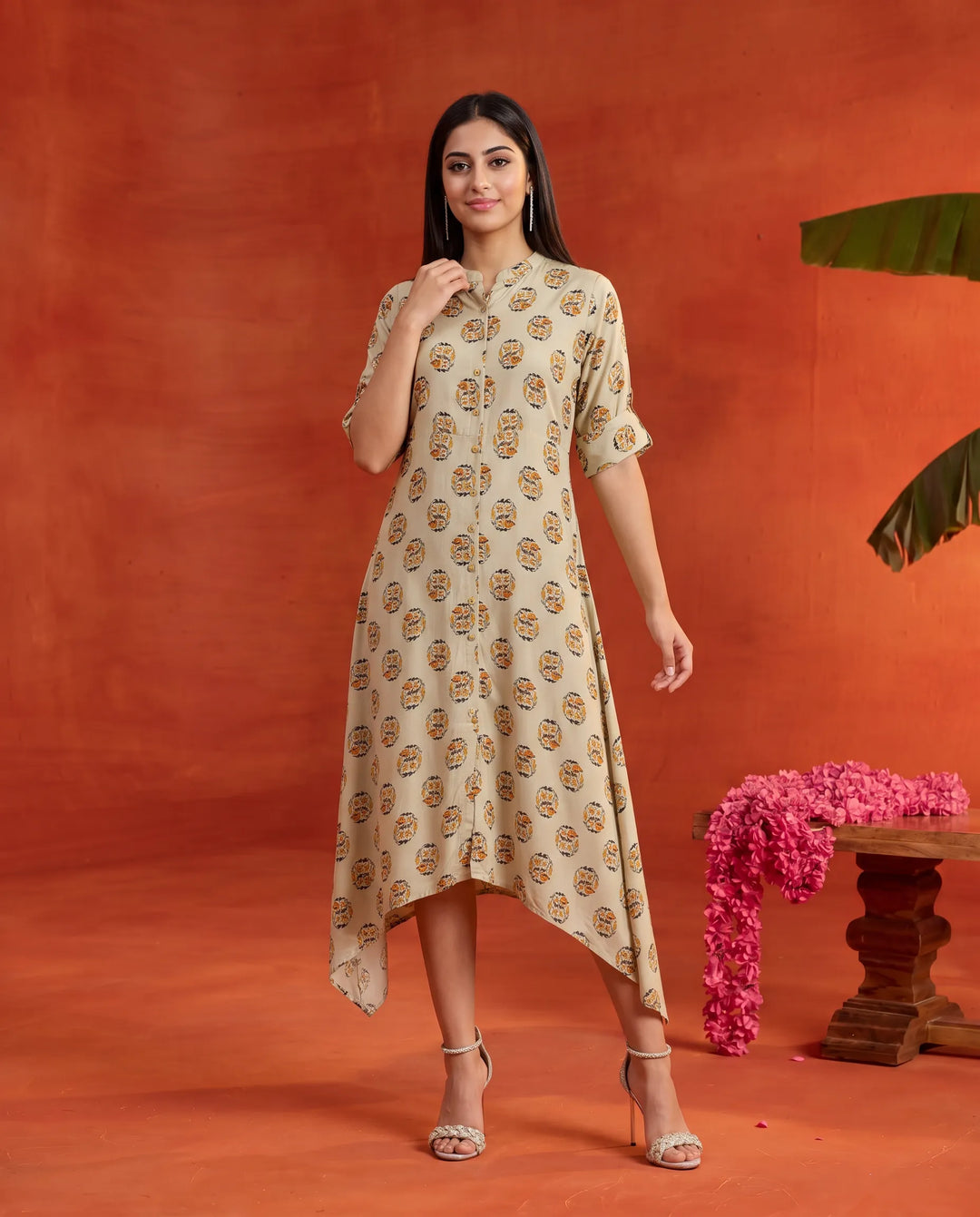 Beige Printed Rayon Maxi Dress