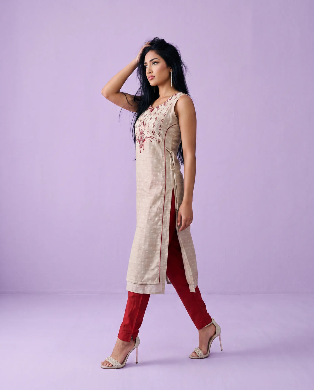 Beige Embroidered Cotton Straight cut Sleeveless Long Kurta