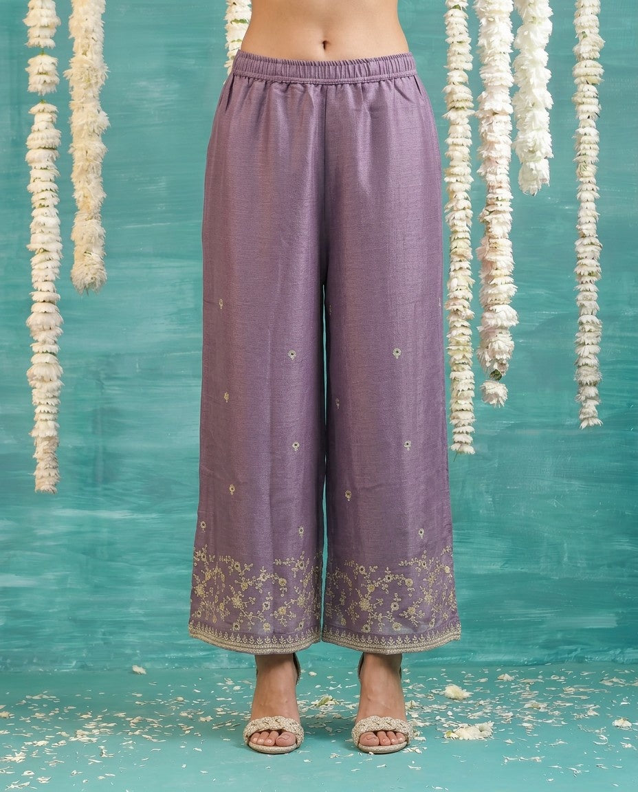 Purple Embriodered Silk Blended Spaghetti Strap Kurta Bottom Dupatta Set
