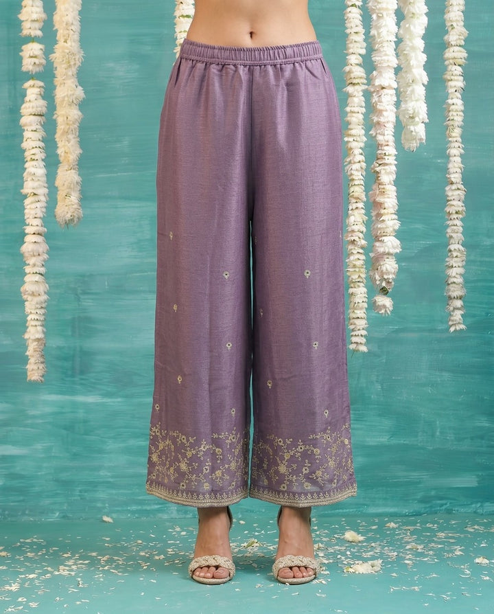 Purple Embriodered Silk Blended Spaghetti Strap Kurta Bottom Dupatta Set