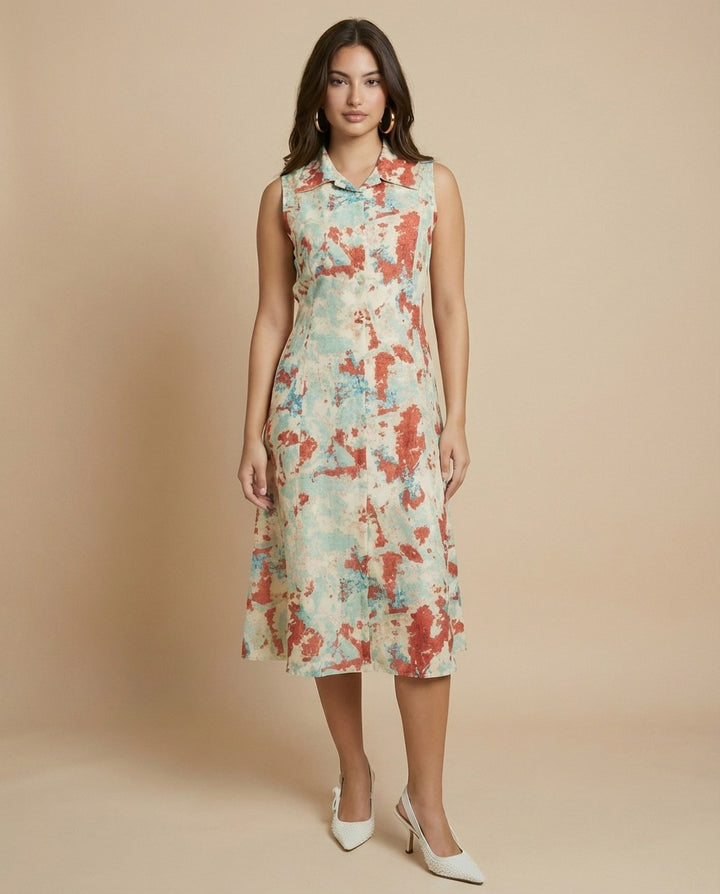 Multi-colour Printed Cotton Blended Midi Dress