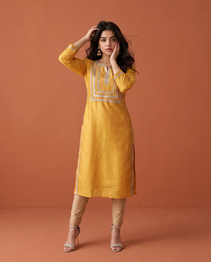 Yellow Printed Silk Blended Straight cut Long Kurta