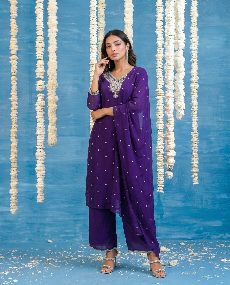 Purple Embriodered Silk Blended Kurta Bottom Dupatta Set
