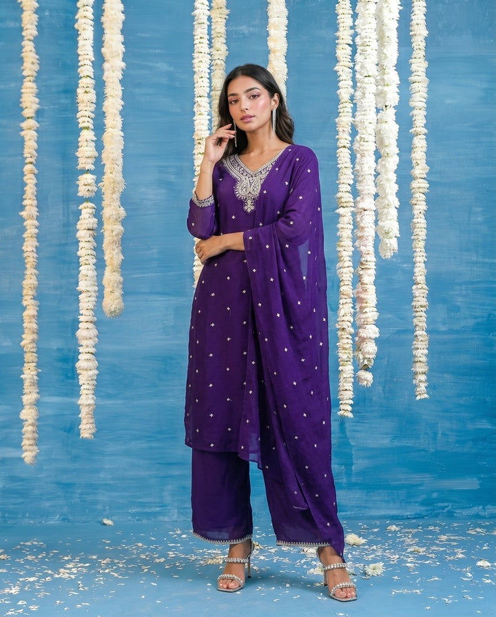 Purple Embriodered Silk Blended Kurta Bottom Dupatta Set