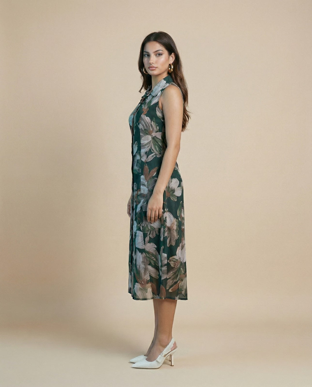 Dark Green Printed Viscose Blended Midi Dress