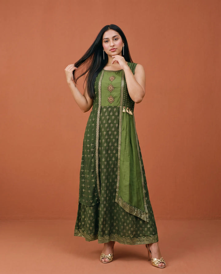 Green Printed Rayon Sleeveless Maxi Dress