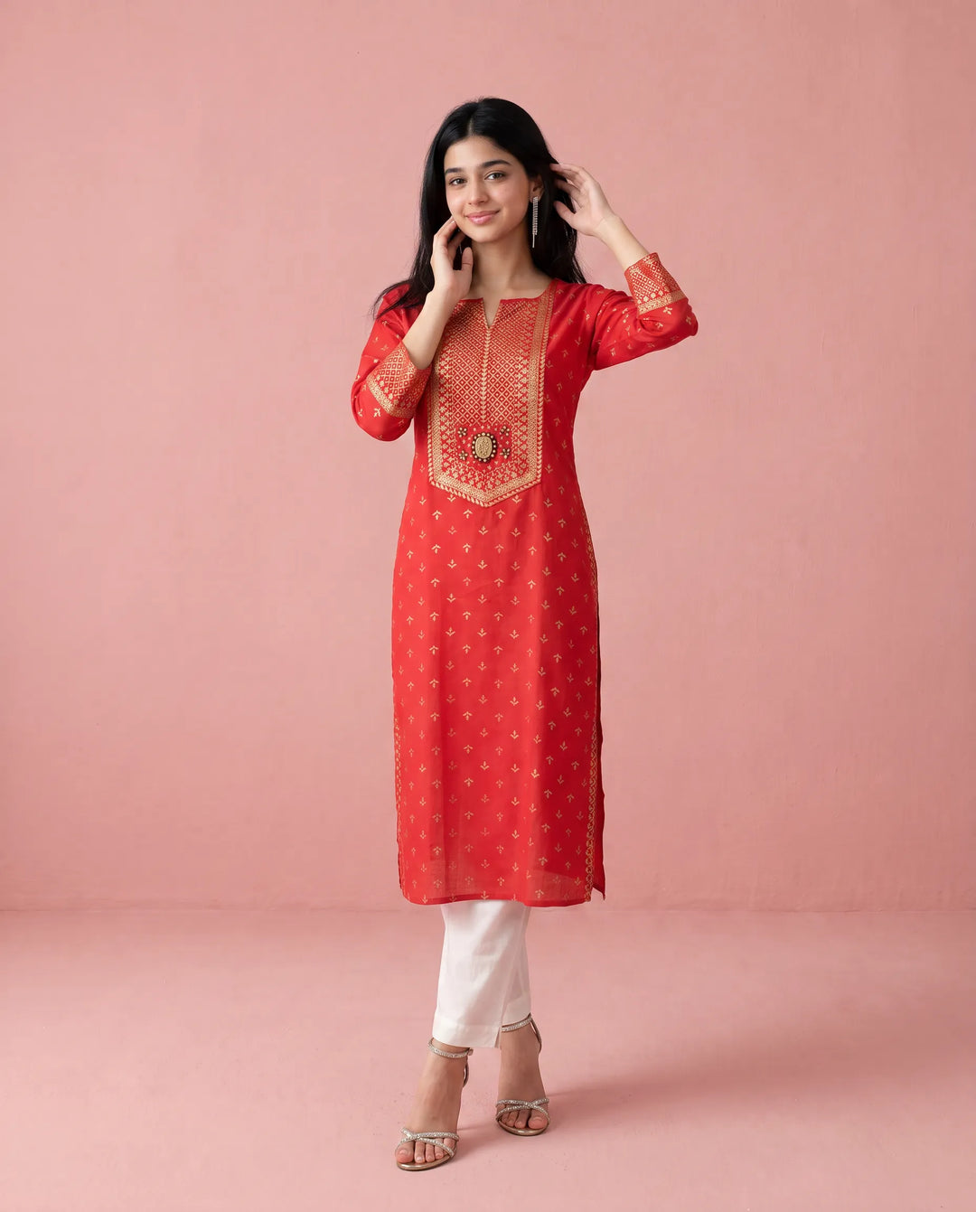Red Printed Cotton Straight cut Long Kurta