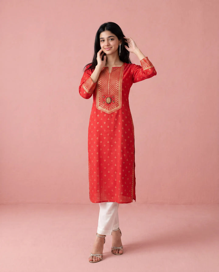 Red Printed Cotton Straight cut Long Kurta