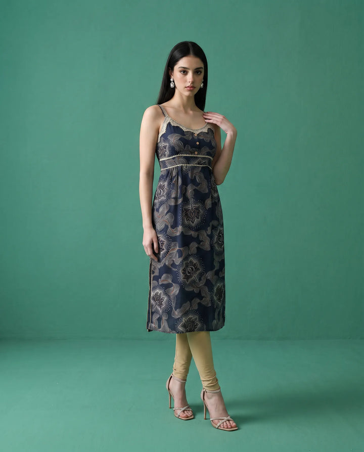 Navy Printed Viscose Blended Spaghetti Strap Straight Cut Long Kurta