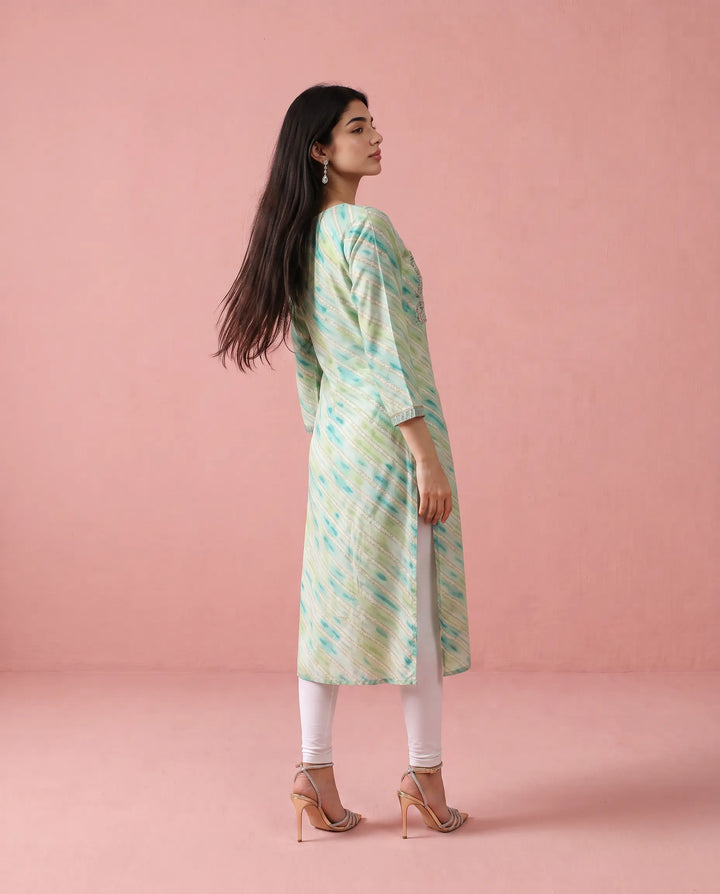 Green Printed Viscose Blended Straight cut Long Kurta