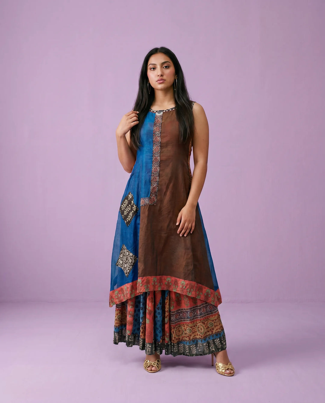 Navy Printed Viscose Blended Sleeveless Maxi Dress