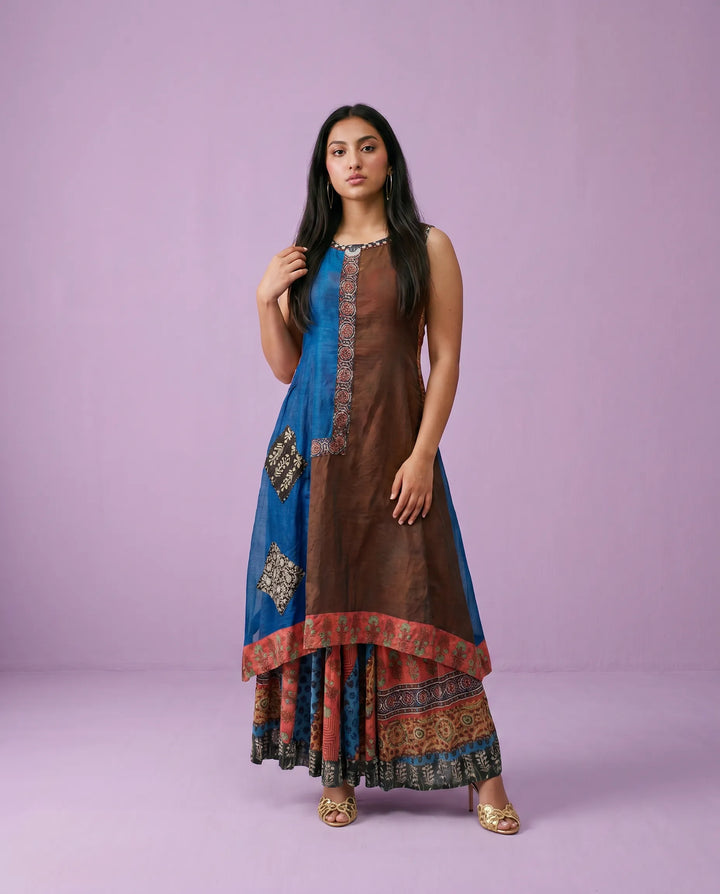 Navy Printed Viscose Blended Sleeveless Maxi Dress