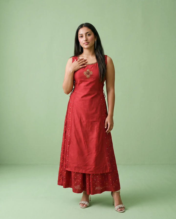Maroon Printed Viscose Blended Sleeveless Maxi Dress