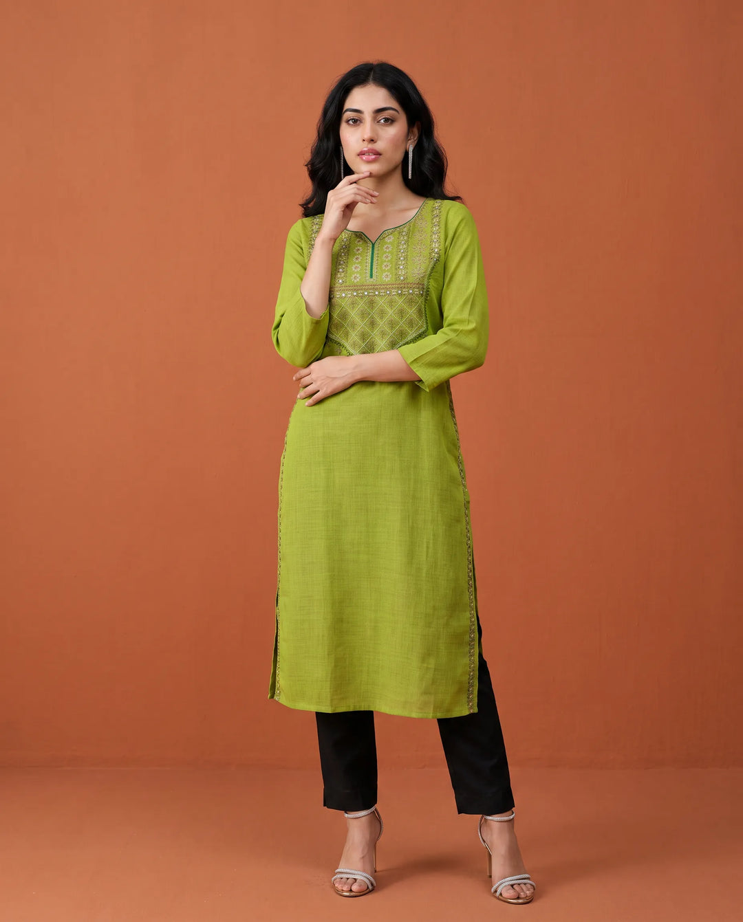 Green Embroidered Cotton Straight cut Long Kurta