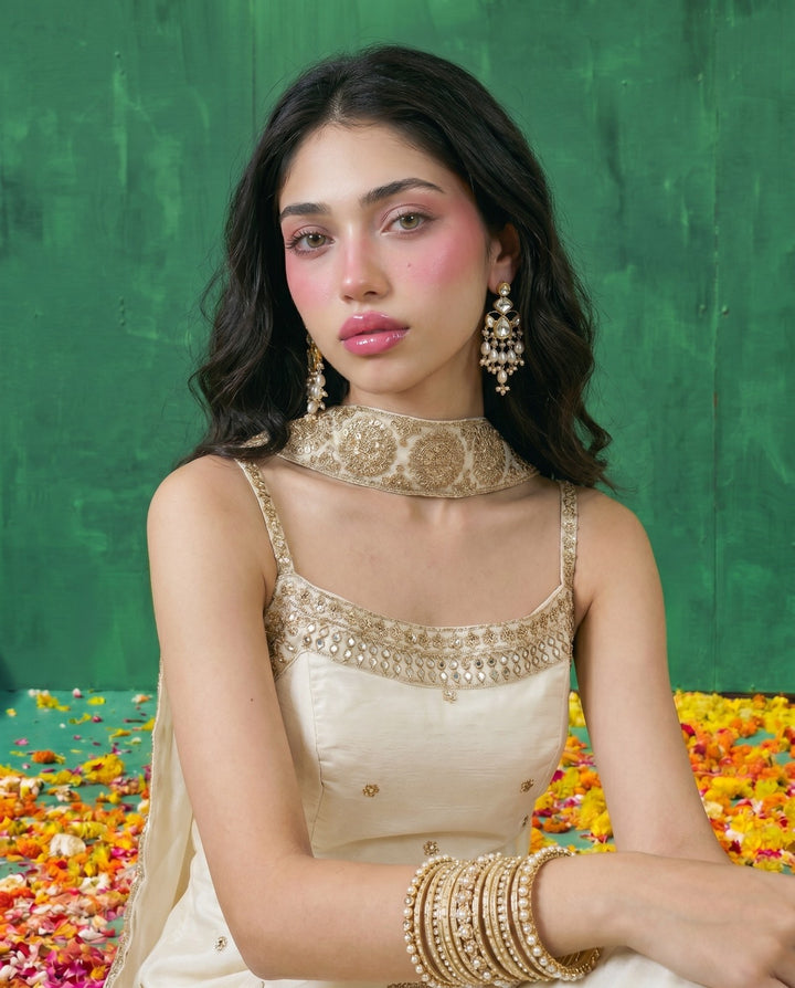 White Embriodered Silk Blended Spaghetti Strap Kurta Bottom Dupatta Set