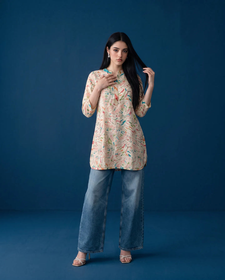White Printed Viscose BlendedShort Kurti