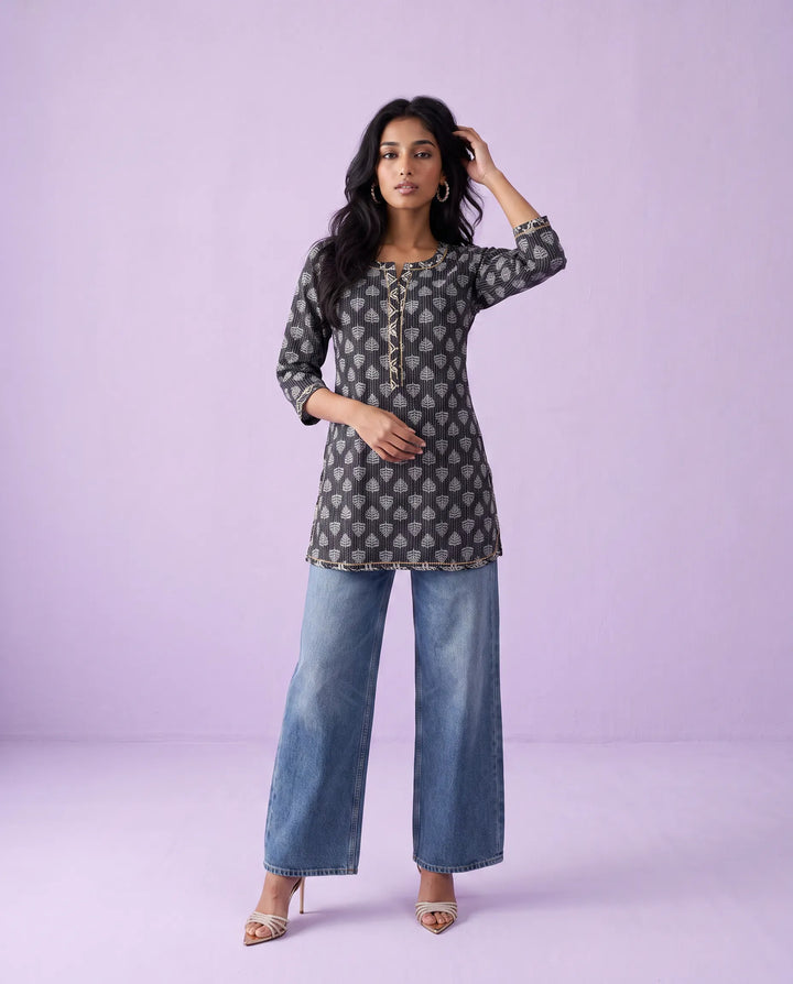 Black Printed Cotton Short Kurti