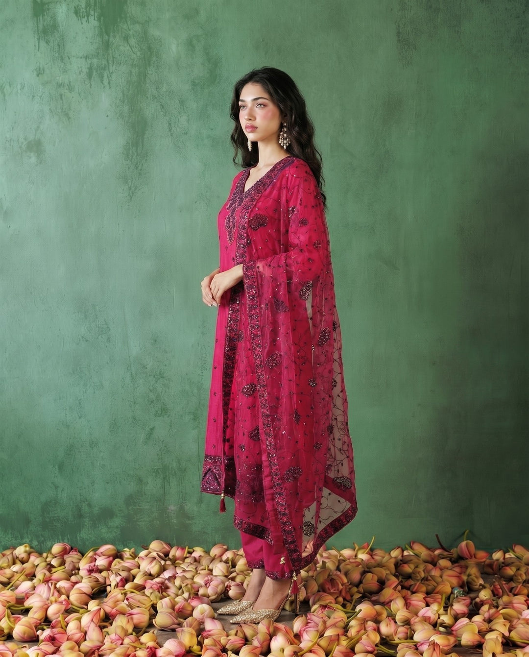 Magenta Embriodered Silk Blended Kurta Bottom Dupatta Set