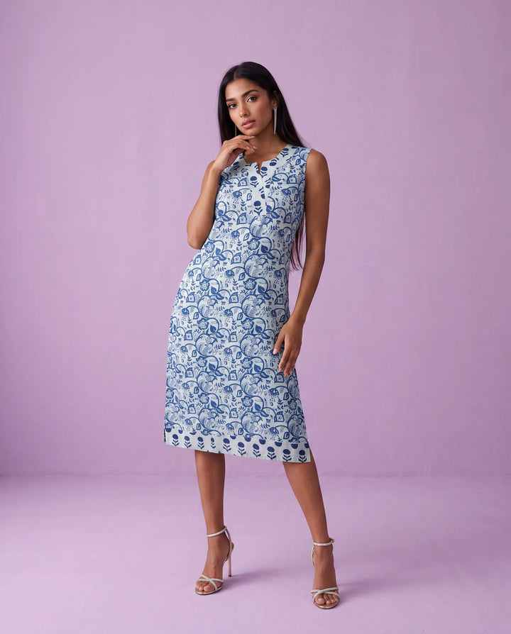 Blue Printed Pure Cotton Hand-Block Printed Midi Dress