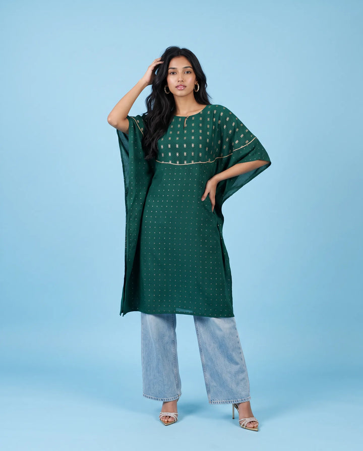 Green Printed Viscose Blended Kaftan